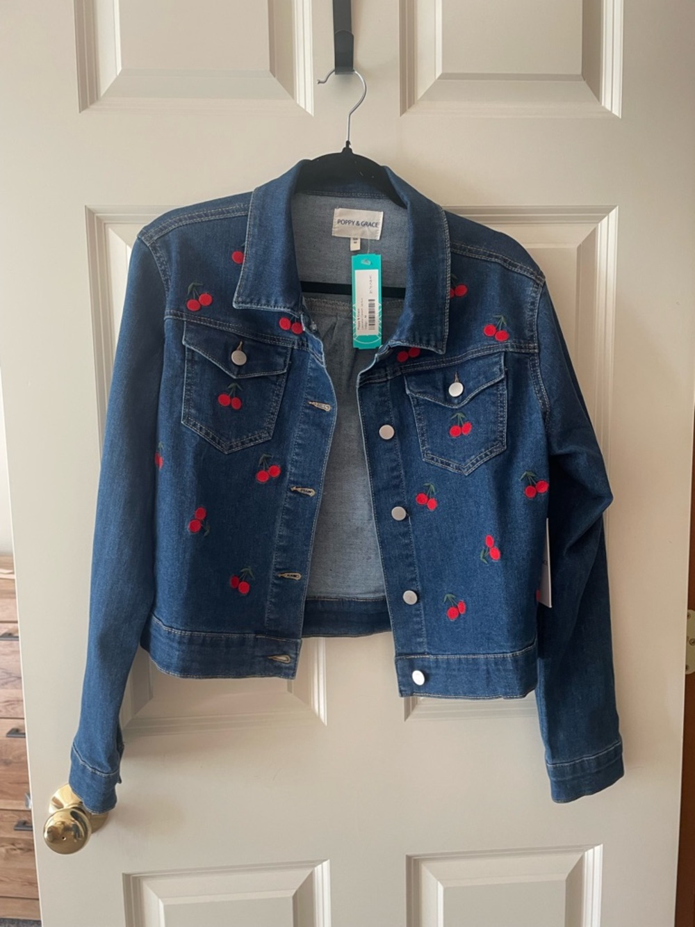 Poppy & Grace Embroidered Cherry Denim Jacket - Dark Blue with Red Cherries